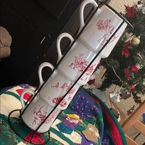 Holiday Home-Set of White and Red Holiday Mugs with Stand